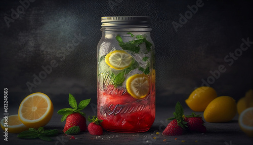 Fruit juice in glass jar, Strawberry lemonade with mint and lemonade with ice, Generative AI