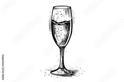 Champagne glass engraving style art, hand drawn sketch vector illustration