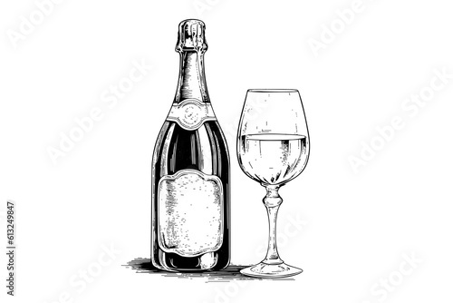 Bottle with Champagne and wine glass engraving style art, hand drawn sketch vector illustration