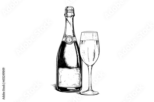 Bottle with Champagne and wine glass engraving style art, hand drawn sketch vector illustration