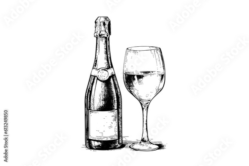 Bottle with Champagne and wine glass engraving style art, hand drawn sketch vector illustration