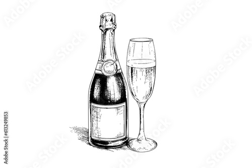 Bottle with Champagne and wine glass engraving style art, hand drawn sketch vector illustration