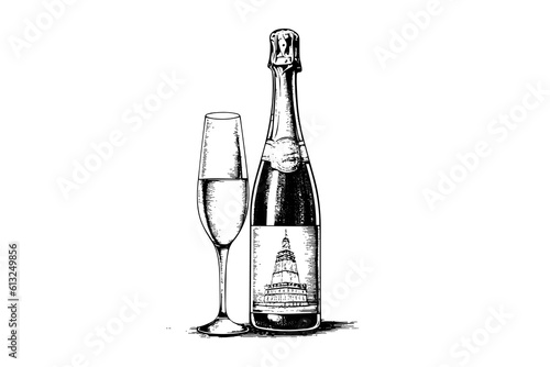 Bottle with Champagne and wine glass engraving style art, hand drawn sketch vector illustration