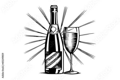 Bottle with Champagne and wine glass engraving style art, hand drawn sketch vector illustration