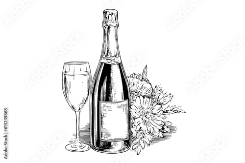 Bottle with Champagne and wine glass engraving style art, hand drawn sketch vector illustration