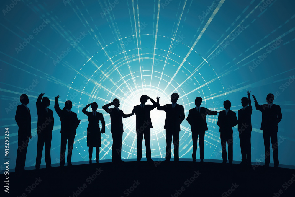 Business team silhouettes on dark background. Business development and teamwork concept. Created with Generative AI