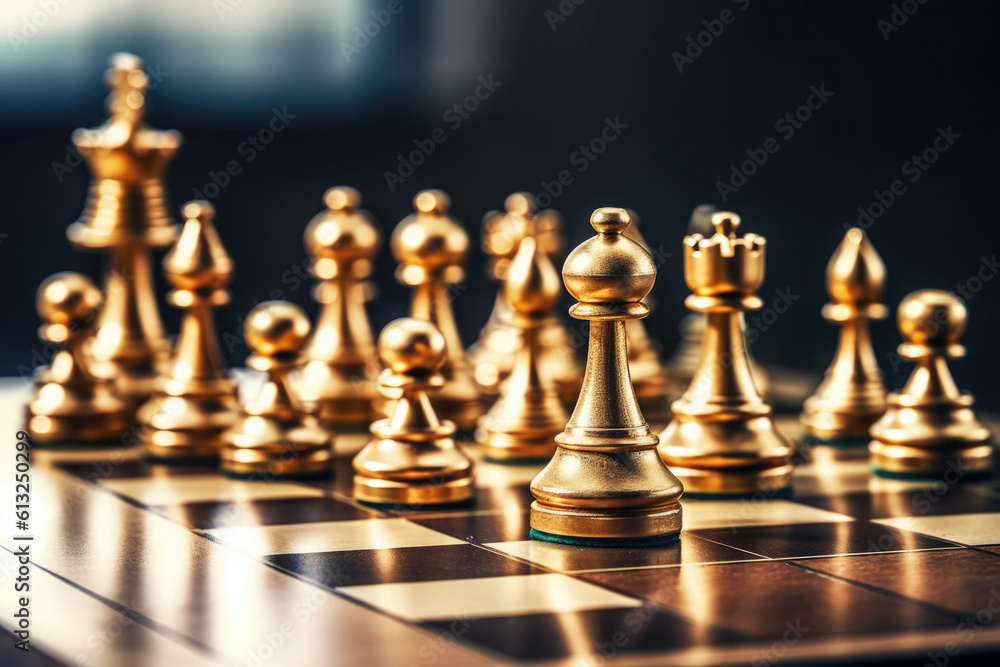 Chess pieces on chessboard, dark background. Strategy and tactics for winning. Created with Generative AI Chess pieces on chessboard, dark background. Strategy and tactics for winning. Created with Generative AI