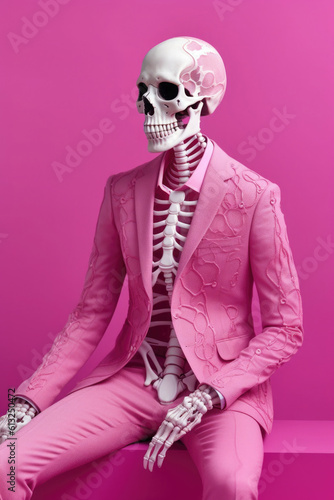 Beauty fashion portrait of male skeleton wearing pink suit. Stylish glamour model. Created with Generative AI © Lazy_Bear