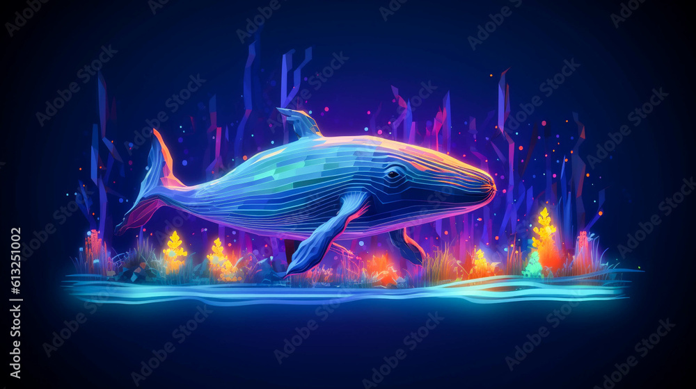 Whale with Neon Glow in Low Poly Style. Geometric Watercolor Ocean And Sea. Generative AI Whale with Neon Glow in Low Poly Style. Geometric Watercolor Ocean And Sea. Generative AI