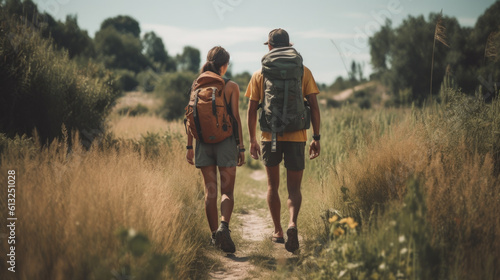 back view of a young couple walking in shorts and a backpack in nature. summer recreation vacation concept. Generative AI
