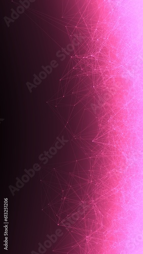 Purple pink gradient vertical phone wallpaper. Fantasy abstract technology, engineering and science background with particles and plexus connected lines. Wireframe 3D illustration and copy space