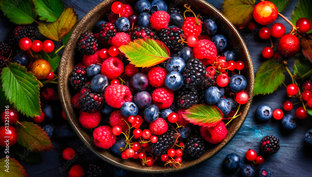 many berries and green plants in a bowl many berries and green plants in a bowl
