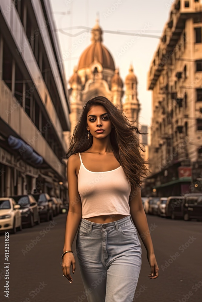  Indian young girl  walking on the  Mumbai City street generative ai 