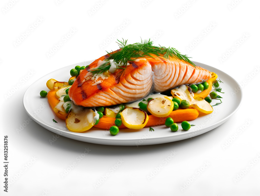 Studio professional close up bright food photo of hot smoked grilled salmon steak with decorations isolated