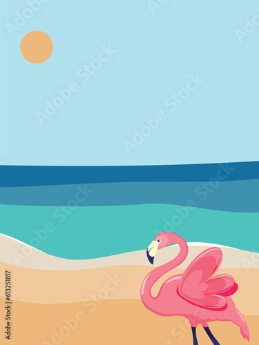 Pink flamingo on the beach. Vector illustration of summer sea, sky, sand, flamingo. Banner background, eps 10. © Sun_Rise