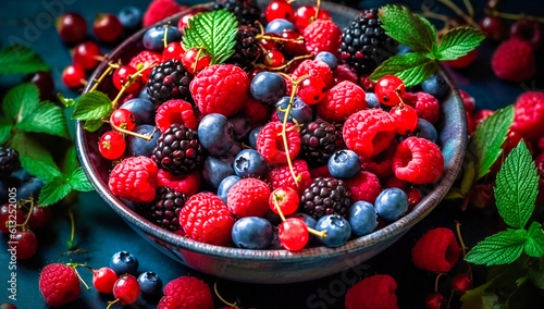 many berries and green plants in a bowl