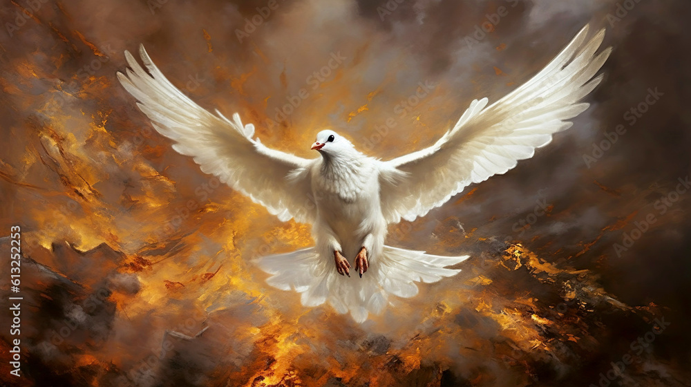 Pentecost Sunday. Flying white dove in fire background. Symbol of the Holy Spirit descent upon the Apostles and other followers of Jesus. Generative AI Pentecost Sunday. Flying white dove in fire background. Symbol of the Holy Spirit descent upon the Apostles and other followers of Jesus. Generative AI