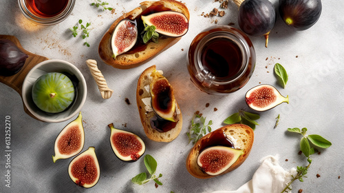 Bruschetta with figs and cheese on light table. Cuisine of Italian. Flat lay. Banner. Generative AI