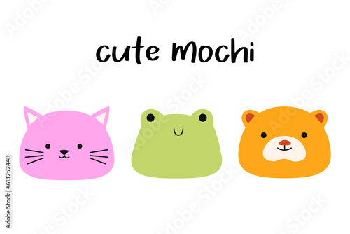Set cute animal mochi. Cat, frog, bear cartoon characters. Japanese sweets and desserts. Kawaii print. Isolated on white background.
