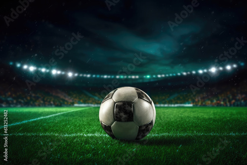 football ball on the grass of a football field. Lights on the stadium at night Ai generative © chandlervid85