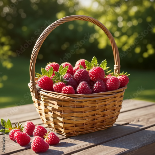 Raspberries in wooden basket. Generative AI