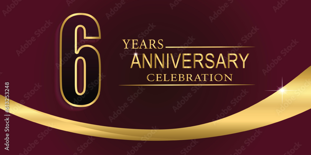 6th Year anniversary celebration background. Golden lettering and a gold ribbon on dark background,vector design for celebration, invitation card, and greeting card. - obrazy, fototapety, plakaty 