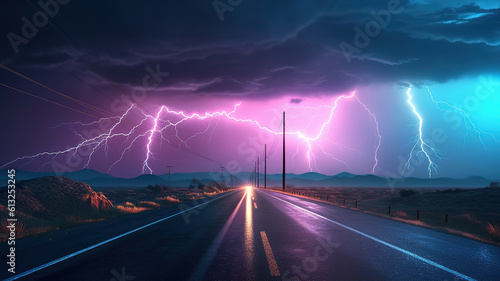 Country road with lightning. Generative ai