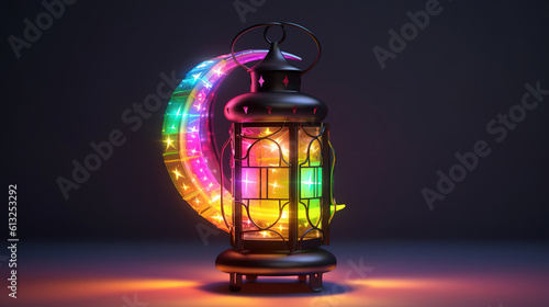 Holographic Ramadan lantern and crescent moon. Generative ai