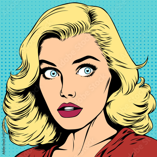 Surprised young beautiful blonde woman with wide open blue eyes, vector illustration in vintage pop art comic style