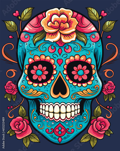 colorful sugar skull adorned with intricate floral patterns, vector illustration