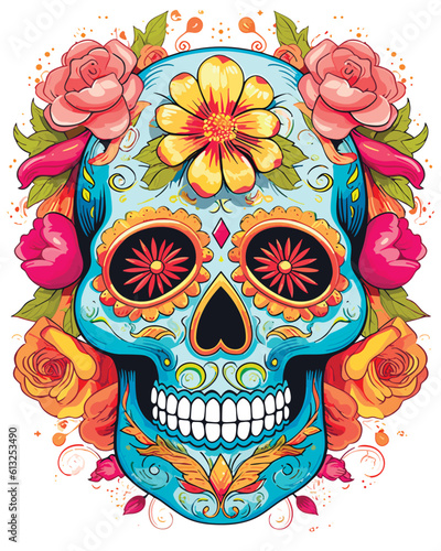 colorful sugar skull adorned with intricate floral patterns, vector illustration