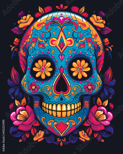 colorful sugar skull adorned with intricate floral patterns, vector illustration