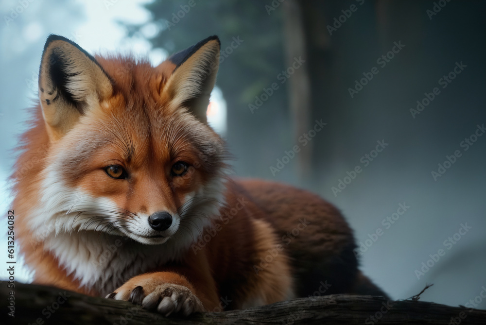 Fototapeta premium low angle closeup of wild fox laying on tree trunk with blurry forest tree in background, generative AI 