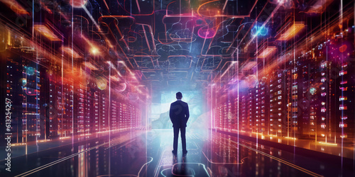 Digital graphics Futuristic 3D Concept, Big Data Center , Chief Technology Officers Standing In Warehouse, Information Digitalization Lines, technology and data, Generative AI. © Sunshinemeee