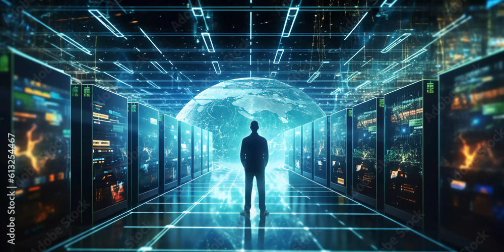 Digital graphics Futuristic 3D Concept, Big Data Center , Chief Technology Officers Standing In Warehouse, Information Digitalization Lines, technology and data, Generative AI. Digital graphics Futuristic 3D Concept, Big Data Center , Chief Technology Officers Standing In Warehouse, Information Digitalization Lines, technology and data, Generative AI.