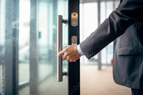 Businessman closing the door to an office, signaling the end of his last workday, a symbolic moment of exit and closure, generative ai