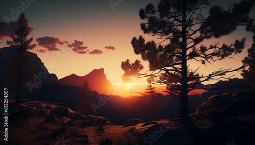 Sunset in the mountains  Mountains at sunset with tree silhouettes  Generative AI