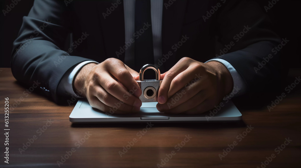 Fototapeta premium Lock icon for cyber security of digital data and businessman hand, futuristic holographic padlock, Online privacy, Secure internet icon. Generative AI.