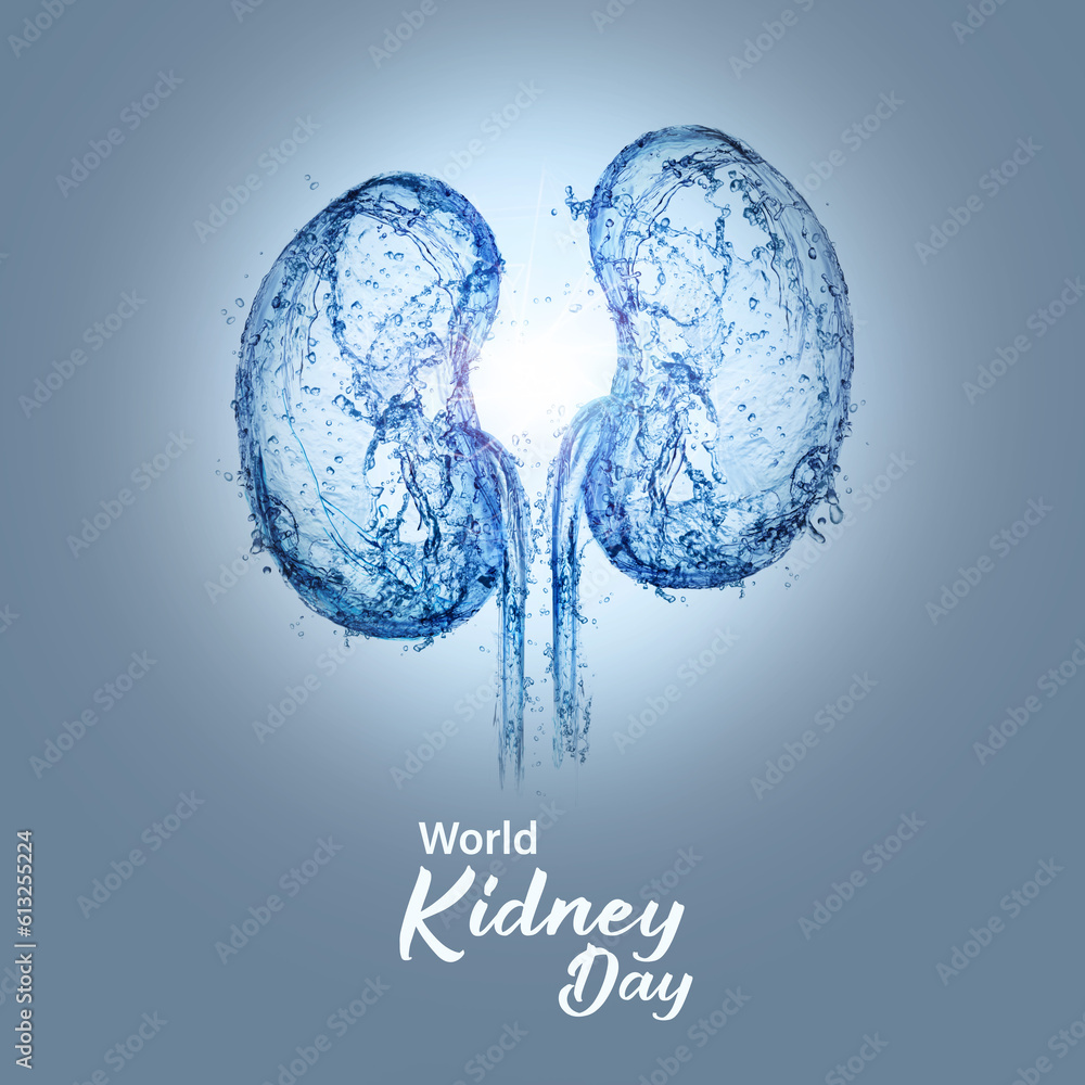 kidney with water splash. Kidney with water 3D illustration, 3D water