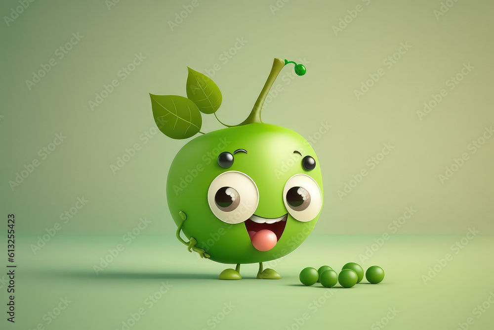 Cute green pea 3d cartoon character. Peas seed vegetable with leaves. Funny mascot on flat background, copy space. Generative AI 3d render illustration imitation. Cute green pea 3d cartoon character. Peas seed vegetable with leaves. Funny mascot on flat background, copy space. Generative AI 3d render illustration imitation.
