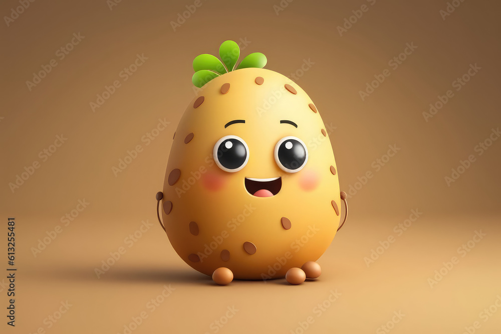 Cute kid brown potato 3d cartoon character. Unpeeled potato vegetable with eyes and smile. Funny mascot on flat background, copy space. Generative AI 3d render illustration imitation. Cute kid brown potato 3d cartoon character. Unpeeled potato vegetable with eyes and smile. Funny mascot on flat background, copy space. Generative AI 3d render illustration imitation.