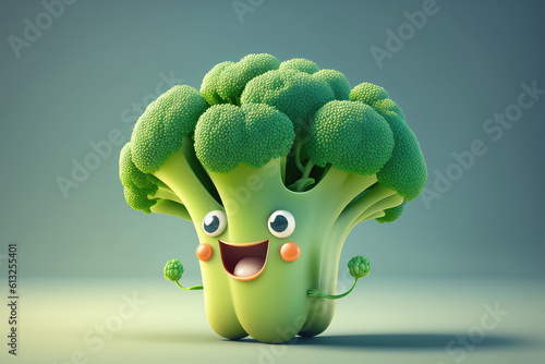 Happy green broccoli 3d cartoon character. Healthy broccoli vegetable with eyes and smile. Funny mascot on flat background, text space. Generative AI 3d render illustration imitation.