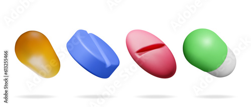 3D Classic Capsule Pills from Different Angles Collection. Render Capsule Tablets Set. Pill for Illness and Pain Treatment. Medical Drug, Vitamin, Antibiotic. Healthcare Pharmacy. Vector Illustration