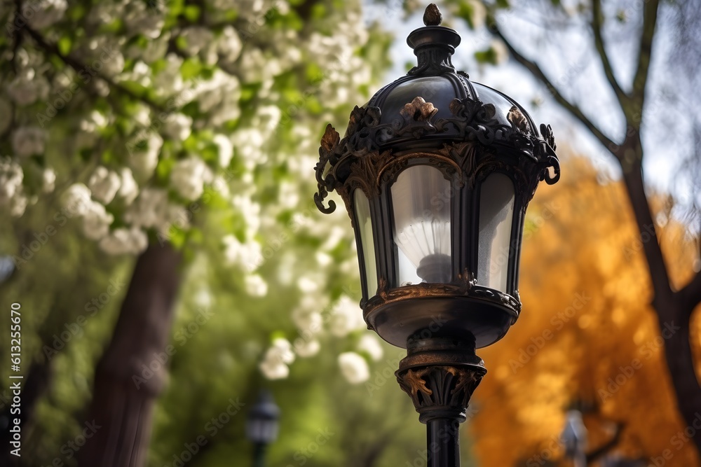 A detailed shot of an electric lamp situated in a park.