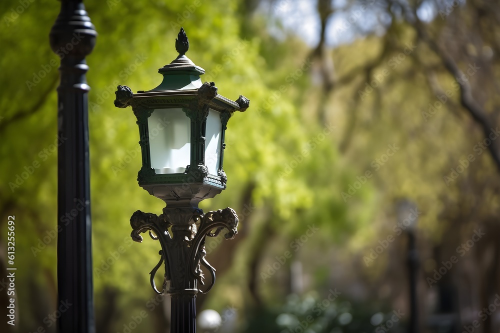A detailed view of an electric lamp installed in an outdoor park