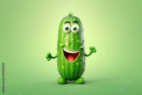 Cute green cucumber 3d cartoon character. Ripe cucumber vegetable with eyes. Funny mascot on flat green background, copy space. Generative AI 3d render illustration imitation.