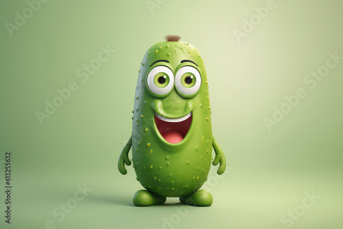 Cute green cucumber 3d cartoon character. Ripe cucumber vegetable with mouth and eyes. Funny mascot on flat background, copy space. Generative AI 3d render illustration imitation.