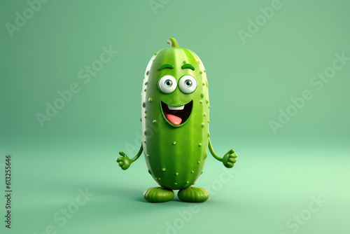 Happy green cucumber 3d cartoon character. Ripe cucumber vegetable with eyes. Funny mascot on flat background, copy space. Generative AI 3d render illustration imitation.