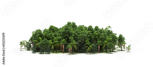 group of trees with a shadow on the ground, isolated on a transparent background, trees in the forest, 3D illustration, cg render