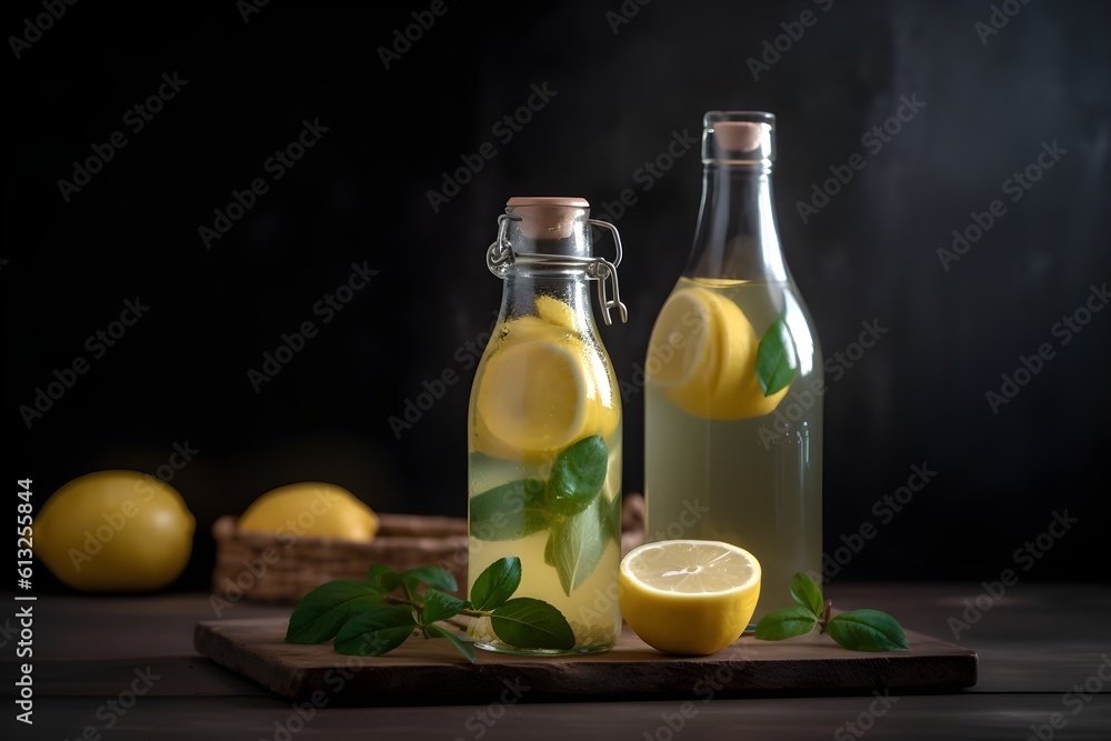 A refreshing glass of cold peppermint tea with a slice of lemon, served in a glass bottle. A refreshing glass of cold peppermint tea with a slice of lemon, served in a glass bottle.